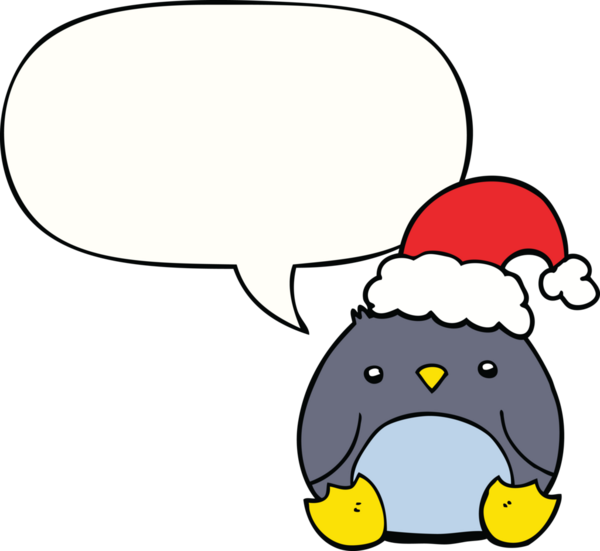 Bir insan tarafından çizilmiş konuşma balonlu Noel şapkası takan sevimli penguen çizgi filmi.