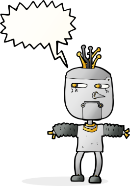 Bir insan tarafından çizilmiş konuşma balonu olan çizgi film robotu.