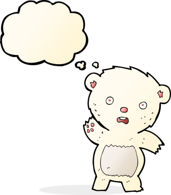 Bir insan tarafından çizilmiş düşünce baloncuğu ile kutup ayısı yavrusu sallayan çizgi film