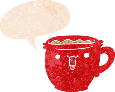 Tatlı çizgi film kahve fincanı, konuşma baloncuğu, grunge, sıkıntılı retro tarzı bir insan tarafından çizilmiş.