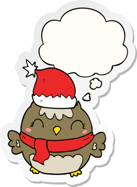 Bir insan tarafından çizilmiş bir çıkartma olarak düşünce baloncuğu olan şirin noel baykuşu.