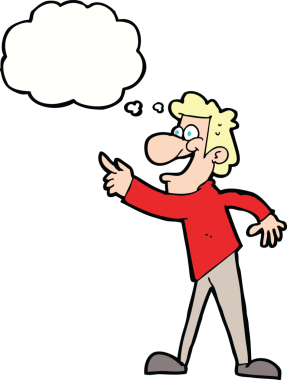 Çizgi filmci bir insan tarafından çizilmiş düşünce balonuyla gülüyor ve işaret ediyor.