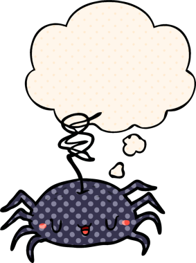 Çizgi roman tarzında düşünce baloncuğu olan çizgi film örümceği insan tarafından çizilmiş.