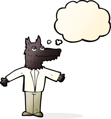 Bir insan tarafından çizilmiş düşünce balonlu bir kurt.