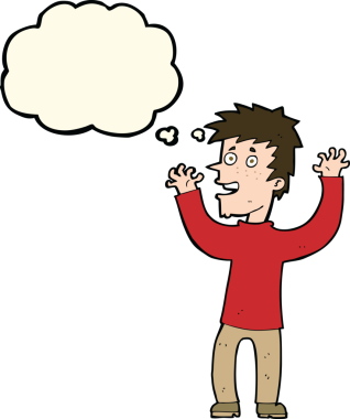 Bir insan tarafından çizilmiş düşünce baloncuğu ile heyecanlı bir adam.