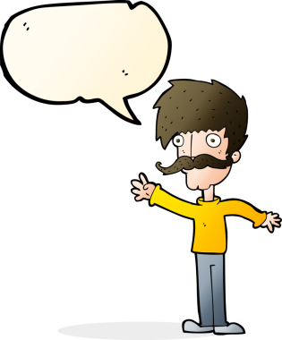 Bir insan tarafından çizilmiş konuşma balonlu bıyıklı çizgi film adamı.