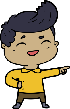 Bir insan tarafından çizilen, gülen ve işaret eden çizgi film adamı.