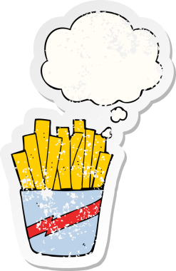 Düşünce baloncuklu patates kızartması karikatürü insan tarafından çizilmiş yıpranmış bir çıkartma gibi.