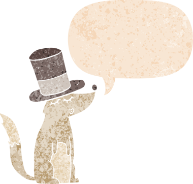 Çizgi film kurdu ıslık çalıyor, silindir şapka takıyor, konuşma baloncuğu ile grunge dertli eski moda bir insan tarafından çizilmiş.