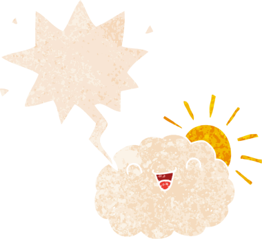 Mutlu karikatür bulutu, konuşma baloncuğu, grunge sıkıntılı retro dokuma tarzı bir insan tarafından çizilmiş.