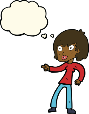 Bir insan tarafından çizilmiş düşünce balonuyla işaret eden çizgi film kadını.