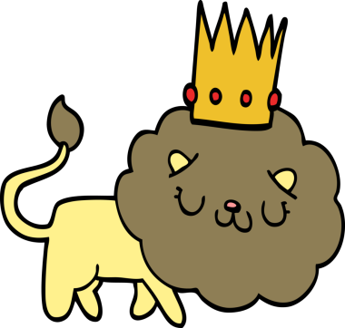 Bir insan tarafından çizilmiş taçlı çizgi film aslanı.
