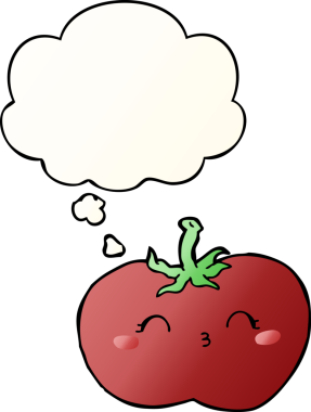 Düşünce baloncuklu çizgi film domatesi, bir insan tarafından çizilmiş düz eğimli bir şekil.
