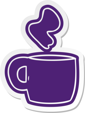 Bir insan tarafından çizilmiş dumanı tüten sıcak bir içeceğin çizgi film etiketi.