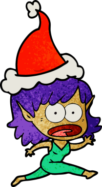 Şok olmuş bir elf kızının el çizimi bir insan tarafından çizilmiş Noel Baba şapkası.