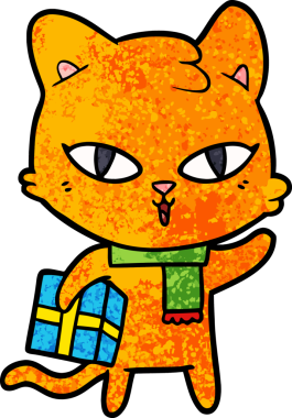 Bir insan tarafından çizilmiş bir hediye taşıyan çizgi film kedisi.