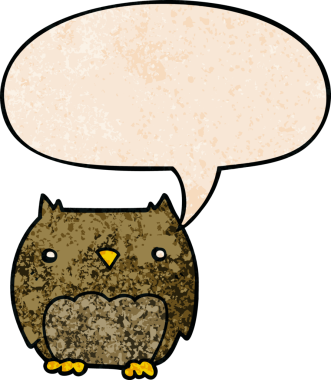 Bir insan tarafından çizilmiş geçmişe dönük konuşma baloncuğu olan sevimli çizgi film baykuşu.