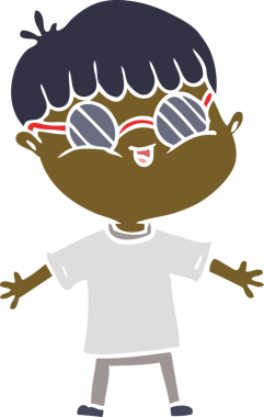 Bir insan tarafından çizilmiş gözlük takan düz renkli çizgi film çocuğu.