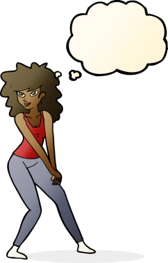 Bir insan tarafından çizilmiş düşünce balonuyla poz veren karikatür kadın.