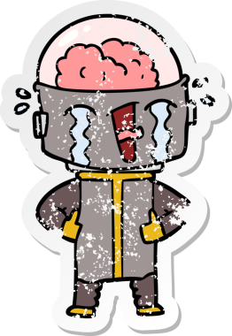 Bir insan tarafından çizilmiş, karikatür ağlayan robot çıkartması.