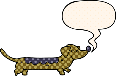 Bir insan tarafından çizilmiş çizgi roman tarzında konuşma balonu olan çizgi film köpeği.