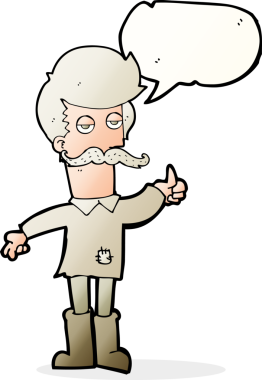 Bir insan tarafından çizilmiş, kötü giyinmiş, konuşma balonu olan yaşlı bir adam.