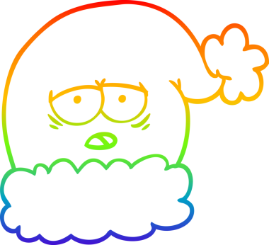 Gökkuşağı gradyan çizgi çizimi bir çizgi noel baba şapkası, yorgun bir insan tarafından çizilmiş.