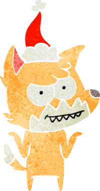 Bir insan tarafından çizilmiş Noel Baba şapkası giymiş sırıtan bir tilkinin el çizimi karikatürü