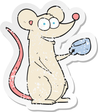 Bir insan tarafından çizilmiş bir fincan çayla karikatür faresinin geriletilmiş yapıştırması.