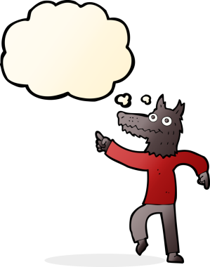 Bir insan tarafından çizilmiş düşünce balonlu bir kurt adam.