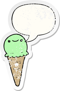 Konuşma balonlu çizgi film dondurması bir insan tarafından çizilmiş sıkıntılı eski bir çıkartma