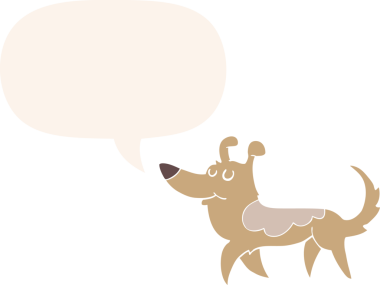 Konuşma baloncuğu olan bir insan tarafından çizilmiş bir çizgi film köpeği.