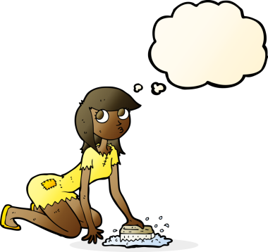 çizgi film Cinderella bir insan tarafından çizilmiş düşünce baloncuğuyla yerleri ovalıyor.