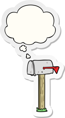 İnsan tarafından çizilmiş bir çıkartma olarak düşünce baloncuğu olan karikatür posta kutusu