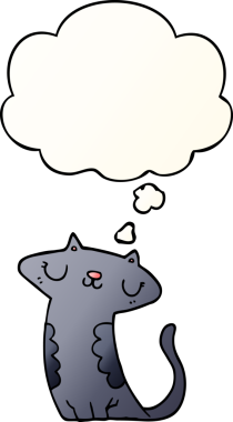 Bir insan tarafından çizilmiş yumuşak eğimli düşünce baloncuklu çizgi film kedisi.