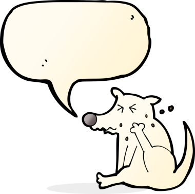 Bir insan tarafından çizilmiş konuşma baloncuğuyla kaşınan çizgi köpek.