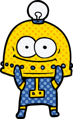 Bir insan tarafından çizilmiş ampullü mutlu karton robot.