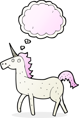 Bir insan tarafından çizilmiş düşünce baloncuklu tek boynuzlu at.