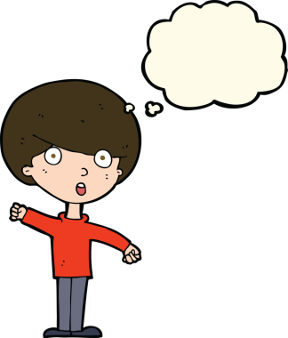 Bir insan tarafından çizilmiş düşünce balonuyla şok olmuş bir çocuk.