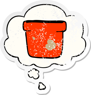 Düşünce baloncuklu karikatür saksısı bir insan tarafından çizilmiş yıpranmış bir çıkartma.