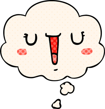 Bir insan tarafından çizilmiş, düşünce baloncuklu mutlu çizgi film yüzü.