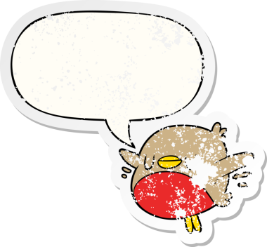 Tatlı çizgi film noel robin Konuşma baloncuğu sıkıntılı eski bir çıkartma bir insan tarafından çizilmiş