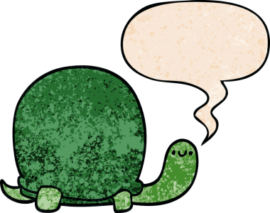 Konuşma baloncuğu olan sevimli karikatür kaplumbağası insan tarafından çizilmiş.