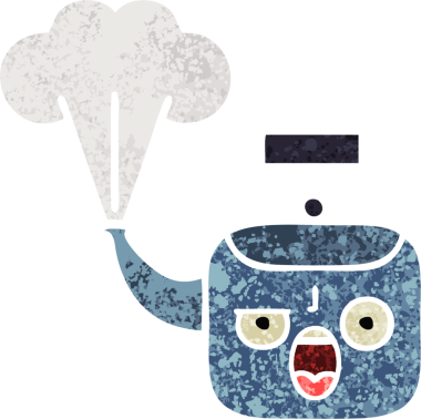 Bir insan tarafından çizilen dumanı tüten bir çaydanlığın retro çizim tarzı karikatürü