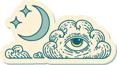 Geleneksel ay yıldızları stili dövme çıkartması ve bir insan tarafından çizilmiş bulut.