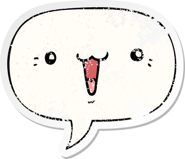 Konuşma baloncuğu olan sevimli çizgi film yüzü bir insan tarafından çizilmiş sıkıntılı eski bir çıkartma.