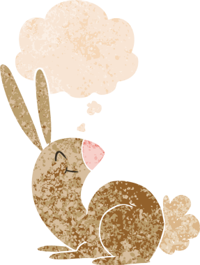 Homurdanan düşünce baloncuğu olan sevimli çizgi film tavşanı bir insan tarafından çizilmiş dertli retro tarzı.