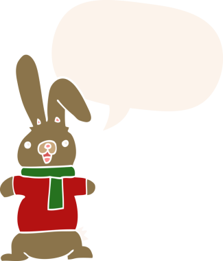 Konuşma baloncuklu çizgi film tavşanı insan tarafından çizilmiş.