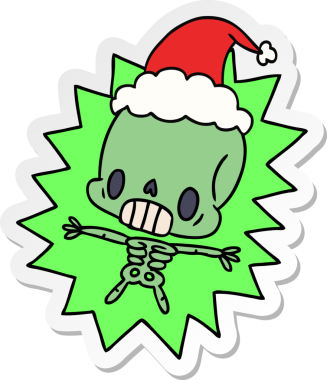 Bir insan tarafından çizilmiş kawaii iskeletinin Noel çıkartması.