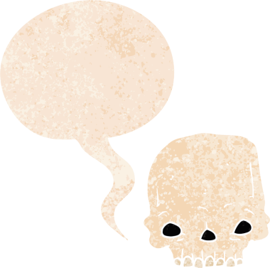 grunge 'da konuşma baloncuğu olan karikatürlü ürkütücü kafatası bir insan tarafından çizilmiş tedirgin geçmiş dokuma tarzı